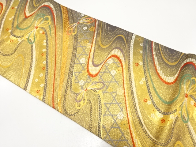 組紐に籠目・小花模様織り出し　振袖用袋帯